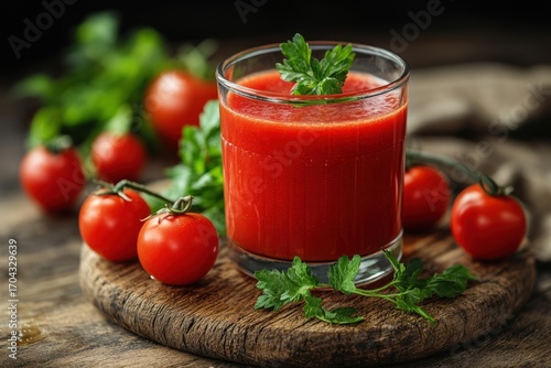Wallpaper Mural Tomato juice on wooden tray. Tomato juice with basil and herbs. Torontodigital.ca