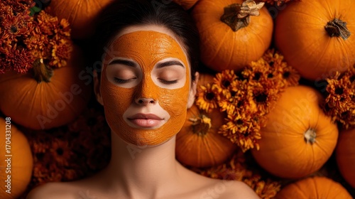 woman with halloween face mask pumpkins and flowers in background eyes closed peaceful spa treatment