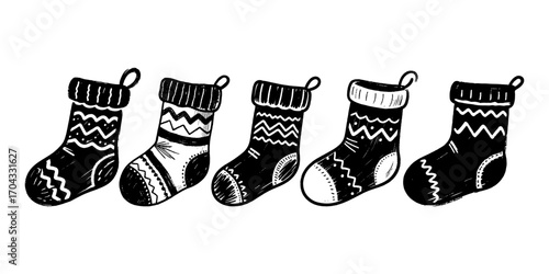 Five hand-drawn Christmas stockings with festive patterns in black and white style on a clean white background, symbolizing holiday decor