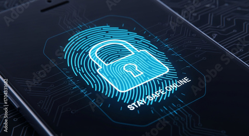 Digital security and online privacy concept illustrated by a fingerprint scan forming a padlock on a mobile device to stay safe