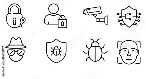 Security icons including lock, camera, and user protection symbols  