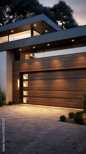 Contemporary home facade with sleek lines, illuminated wood panels and driveway entrance
