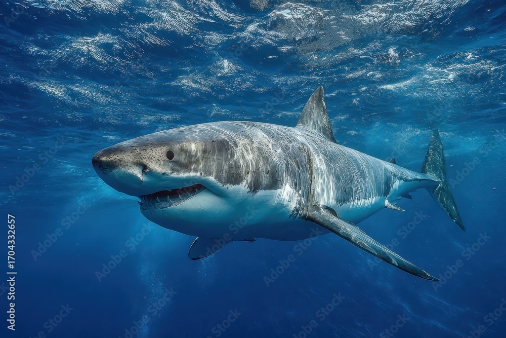 Naklejka premium Great white shark swimming in pacific ocean waters with sunlight reflecting on the surface