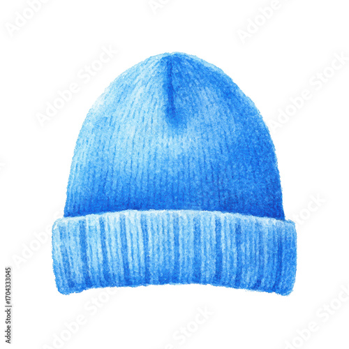 Vibrant blue knitted beanie hat for winter warmth and style, cut out