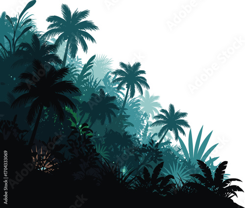 Mystic Rainforest Silhouette Landscape with Palm Tree Shadows Vector Illustration