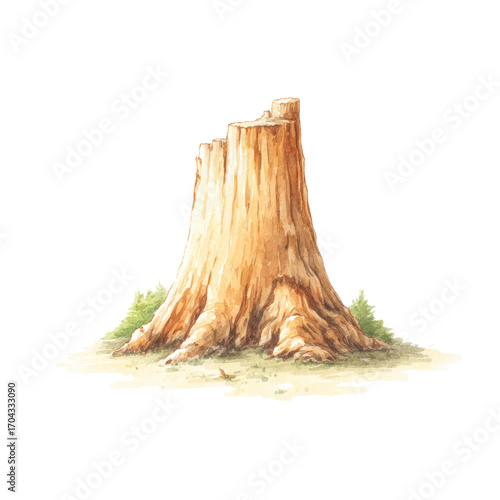 Watercolor illustration of a tree stump with grass accents, cut out
