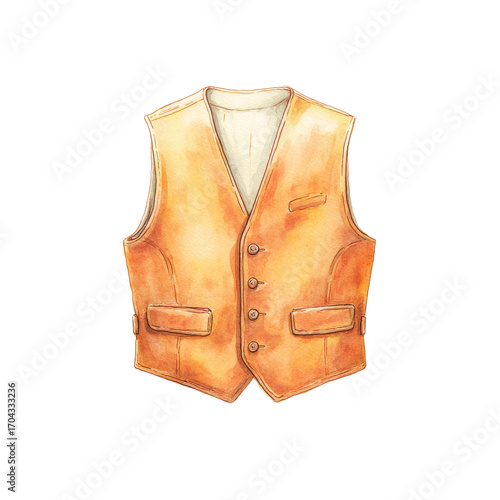 Watercolor painting of a classic brown leather vest with button detail, cut out