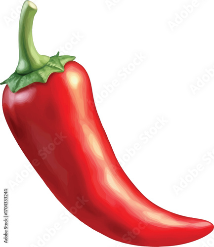 Ripe Red Chili Pepper with Green Stem and Leaves Isolated on White red pepper hot pepper