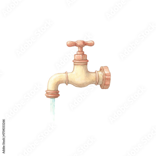 Vintage brass faucet with water drip against black background, cut out