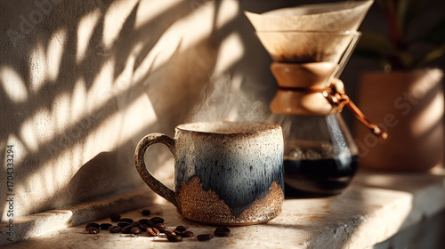 Steaming ceramic mug and pour-over coffee maker in warm morning light with shadows and beans, evoking calm, ritual, and artisanal brewing.
