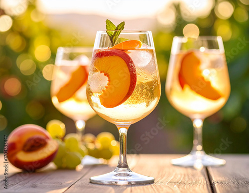 Refreshing Peach Spritzers with Mint and Grapes on Wooden Table in Summer Sunlight