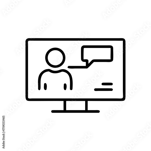 Line art of computer screen with user and chat bubble  