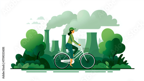 Flat european illustration of a woman riding a bicycle near trees and pollution-emitting factories, promoting green transport over industrial emissions