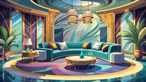 Luxurious lounge with marble flooring, curved sectional sofa, golden accents, and soft ambient lighting, exuding timeless elegance and refined taste.