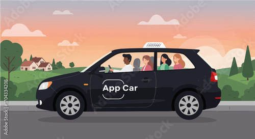 Black app car on the road with passengers.