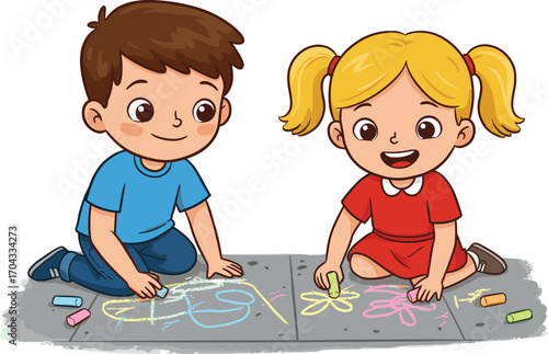 Happy little boy and girl drawing colorful chalk art on the sidewalk, outdoor kids playing, childhood creativity, summer fun activities for children