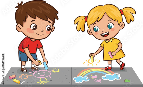 Happy boy and girl drawing colorful chalk art on sidewalk, kids playing outdoors, creative childhood activity, smiling children having fun, imaginative playtime, summer outdoor art,