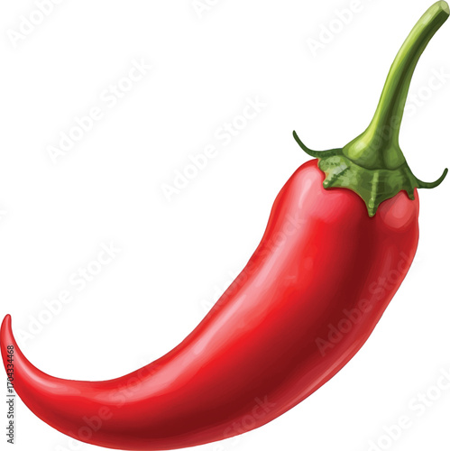 Single Red Chili Pepper with Green Stem Isolated on White spicy