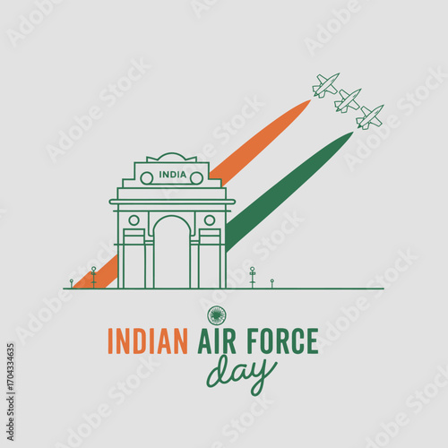 Vector art of indian air force day illustration with fighter jets flying over india gate, symbolizing national pride and aerial power