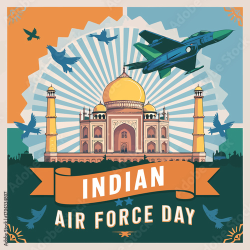 Vector art of vibrant illustration of indian air force day featuring fighter jets soaring above the iconic taj mahal, a symbol of national heritage