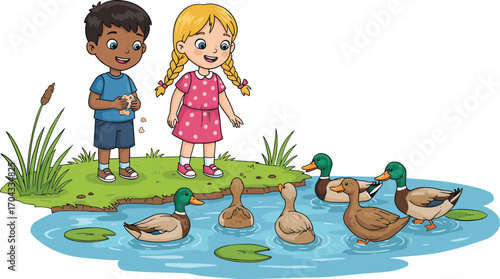Happy children feeding ducks at the pond, boy and girl enjoying nature, outdoor playtime, kids interacting with wildlife, fun family activity in park, learning about animals,