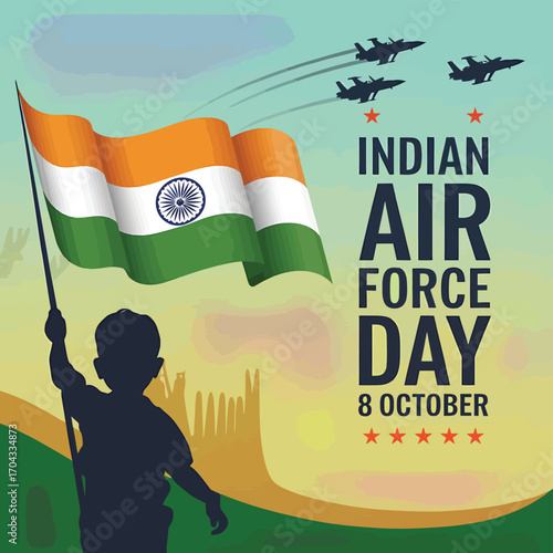 Vector art of a young boy proudly waves the indian flag with fighter jets flying in formation, commemorating indian air force day
