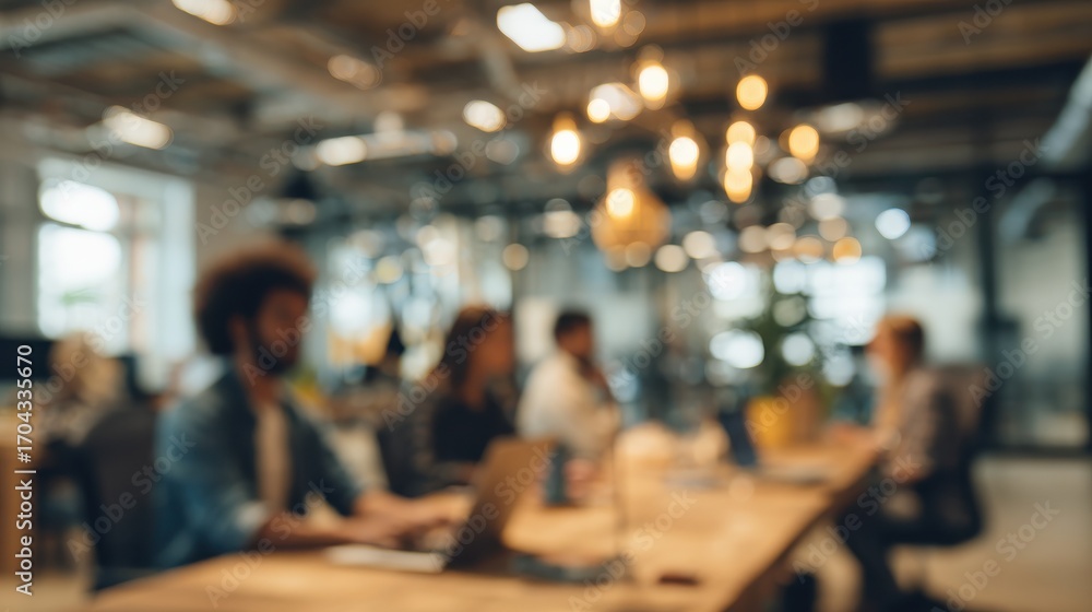 Fototapeta premium a collaborative office environment featuring blurred team members in casual attire with a bokeh background conveying creativity and modern professionalism