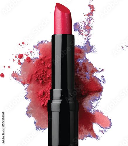 Red Lipstick Tube with Exploding Red and Blue Powder on White makeup beauty