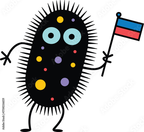 Cute cartoon bacteria character, colorful microbe with flag, funny germ illustration, microbial creature art, biology design, microorganism mascot
