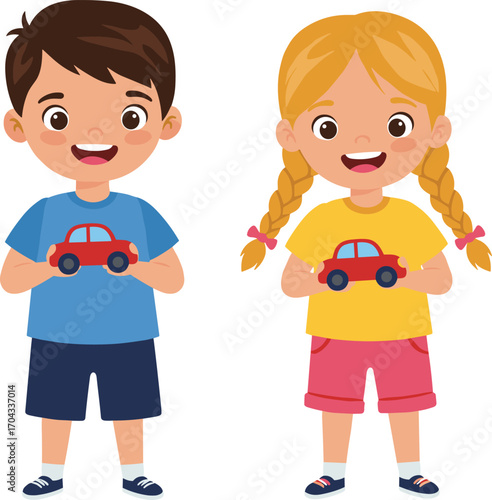 Happy smiling boy and girl holding red toy cars, cheerful kids playing together, children having fun with toys, kids enjoying playtime indoors, young children with toy cars
