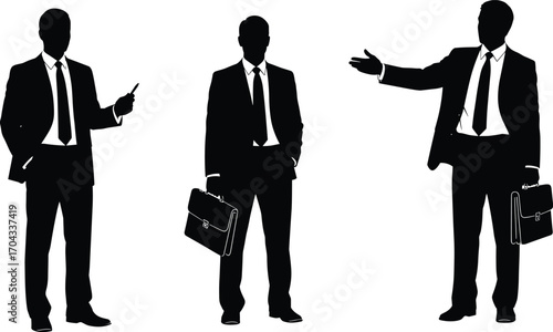 business silhouettes, professional men, corporate attire, suit and tie, briefcase pose, vector illustration, black and white, presentation gesture, isolated design,