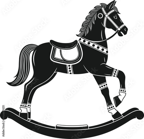 vintage rocking horse, vector illustration, black and white artwork, decorative toy design, classic silhouette, childhood nostalgia, ornate saddle, prancing pose,