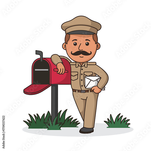Vector art of postman with a mustache leaning on a red mailbox and holding an envelope, surrounded by grass