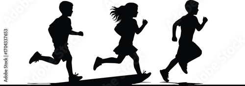 Running children silhouettes, three kids, boy, girl, active scene, black vector illustration, side view, energetic movement, youth sports, playful motion,