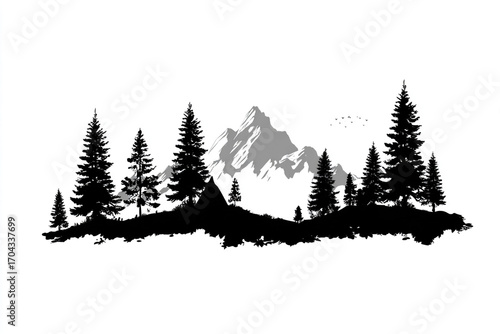 Majestic mountain landscape silhouette with pine trees and a tent a flock of birds flying high above