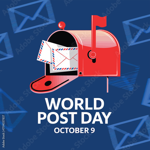 Vector art of world post day october 9th with a red mailbox overflowing with letters against a dark blue background with envelope pattern