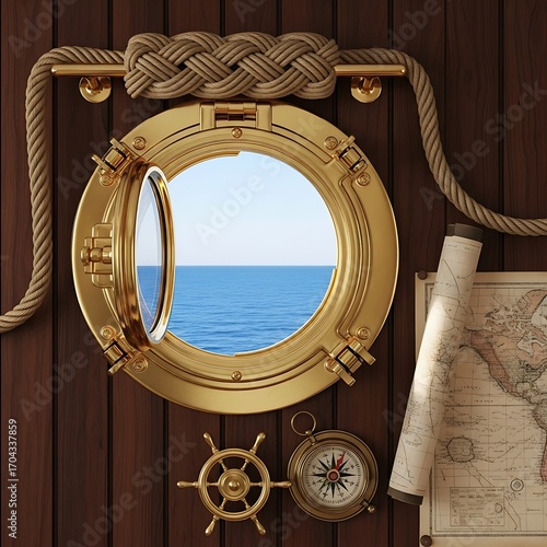 A golden porthole, nautical rope, and antique map create a tranquil and inviting scene on a wooden wall, showcasing a vast expanse of ocean.