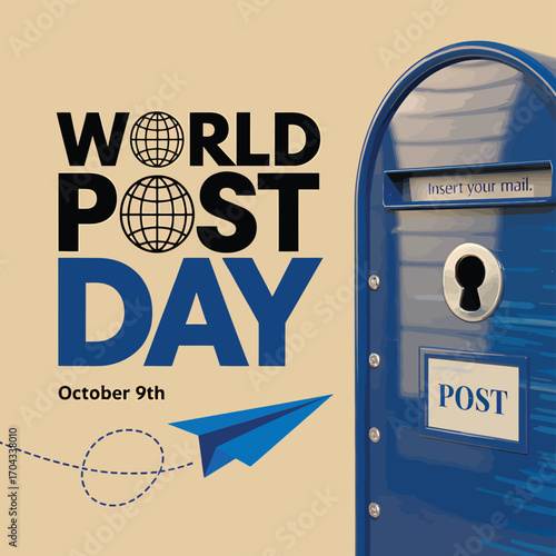 Vector art of closeup of a blue post box with post label and a blue paper airplane flying, celebrating world post day on october 9th, concept of mail