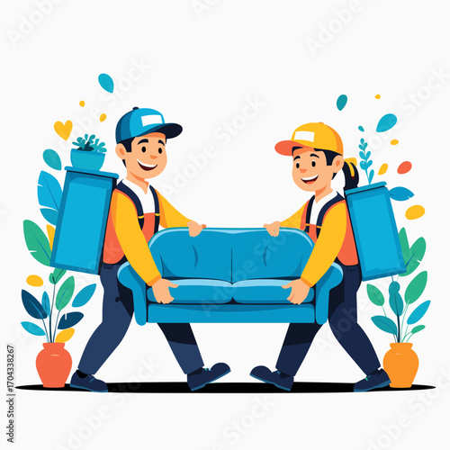 Two delivery workers carrying blue sofa with plants in background. Professional furniture transportation