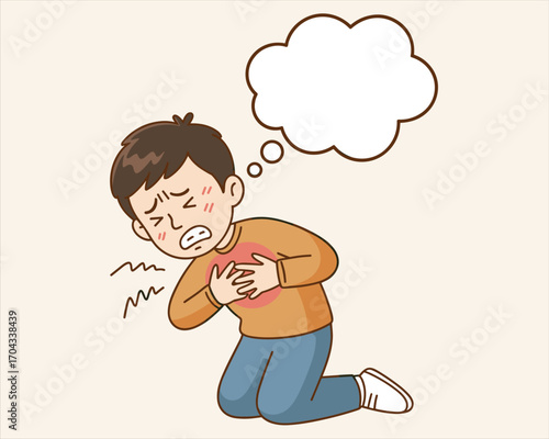 Young boy kneeling, chest pain, worried expression, heart problem symptom, cartoon illustration, health concern, medical condition awareness
