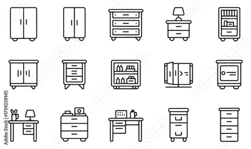 Minimalist line icons of furniture and storage: drawers, cabinet, cupboard, nightstand, and interior design set