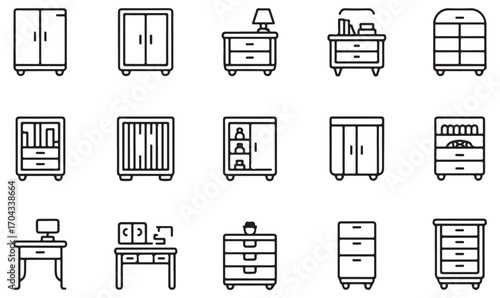 Household furniture outline icons: storage, wardrobe, nightstand, and table line symbols for home and office use