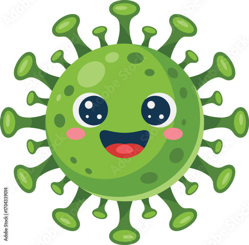 Cute cartoon virus character, green happy microbe icon, educational medical illustration for kids, pandemic awareness and health design