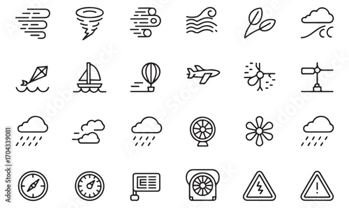 Minimalist outline icons of weather, tornado, rain, clouds, storm, and atmosphere for meteorology and forecast design