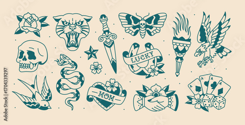 Trendy Tattoo art in Old school style (sketch сollection 1). Temporary Tattoo set with old school Rock symbols: Eagle, Panther head, torch, dagger, skull, horseshoe, mom, flowers