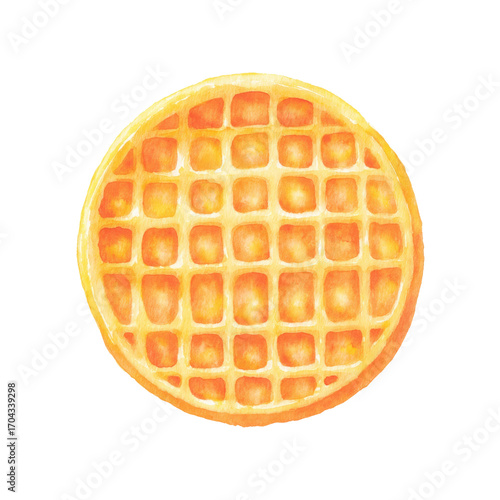 Colorful watercolor painting of a golden waffle against black background, cut out