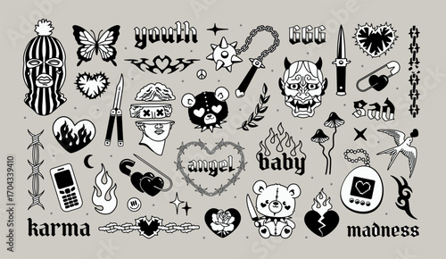 Trendy 2025 Tattoo designs collection with Y2k gothic elements. Temporary Rebellious Tattoos black and white designs. Aesthetic 2000s gothic and Y2k opium set of criminal style elements	
