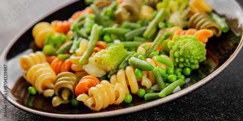 Wallpaper Mural Trottole pasta vegetables green peas, green beans, kohlrabi cabbage, broccoli second course tasty snack fresh delicious gourmet food background on the table rustic food top view copy space Torontodigital.ca