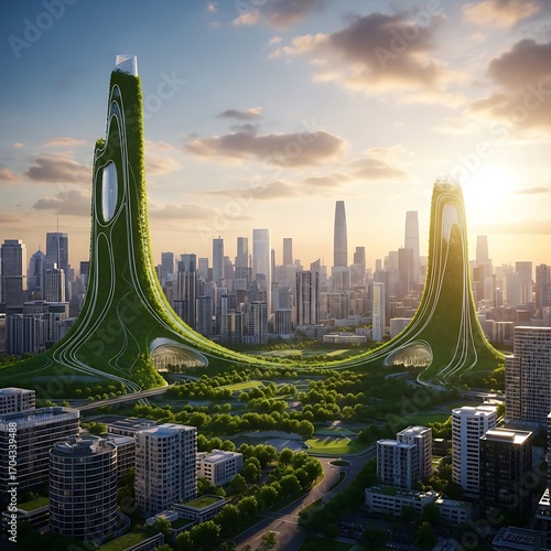Lush, verdant towers dominate a futuristic cityscape, embracing sustainable design with extensive green spaces.