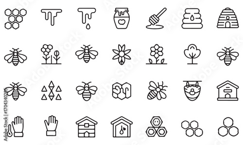 Minimalist honey and beekeeping symbols: hive, jar, bees, honeycomb, nature, and pollination outline icons set